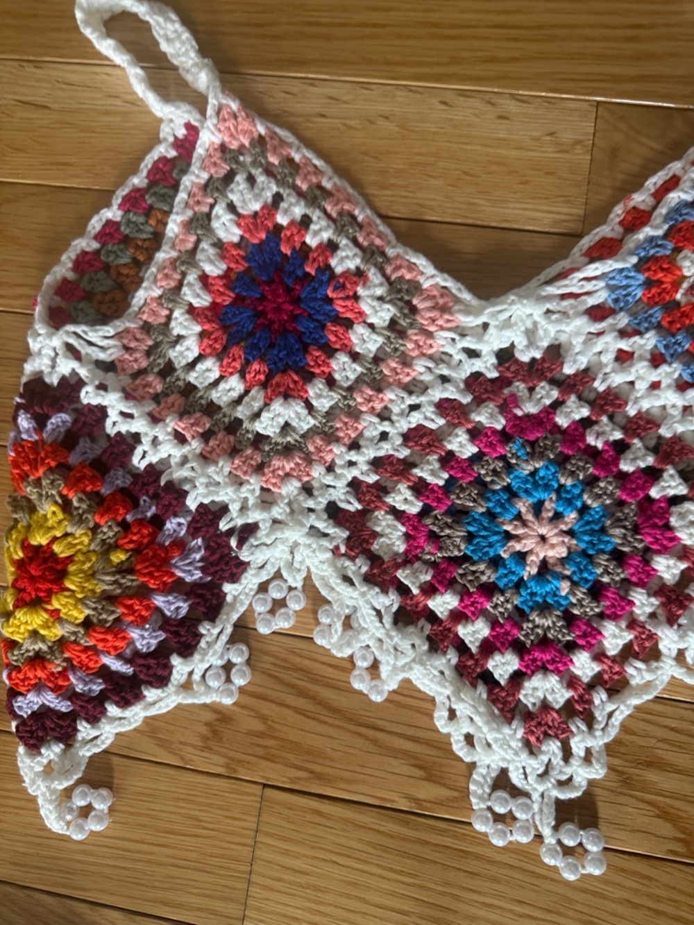 Handmade Crochet Two-Piece Set in White with Multicolor Squares - Picture 5 of 7